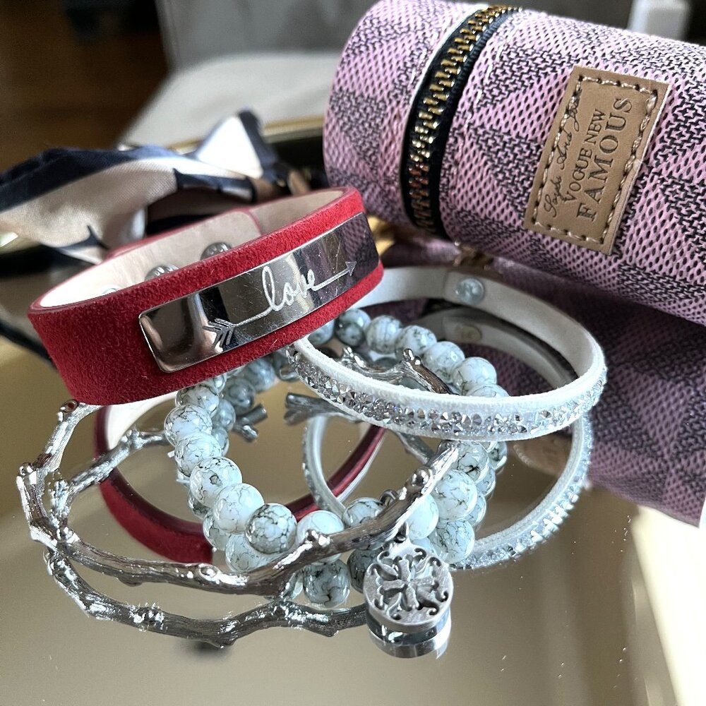 MINI ZIPPY INCLUDED Rustic Cuff Set of Four Bracelets Love Leather Metal Beads